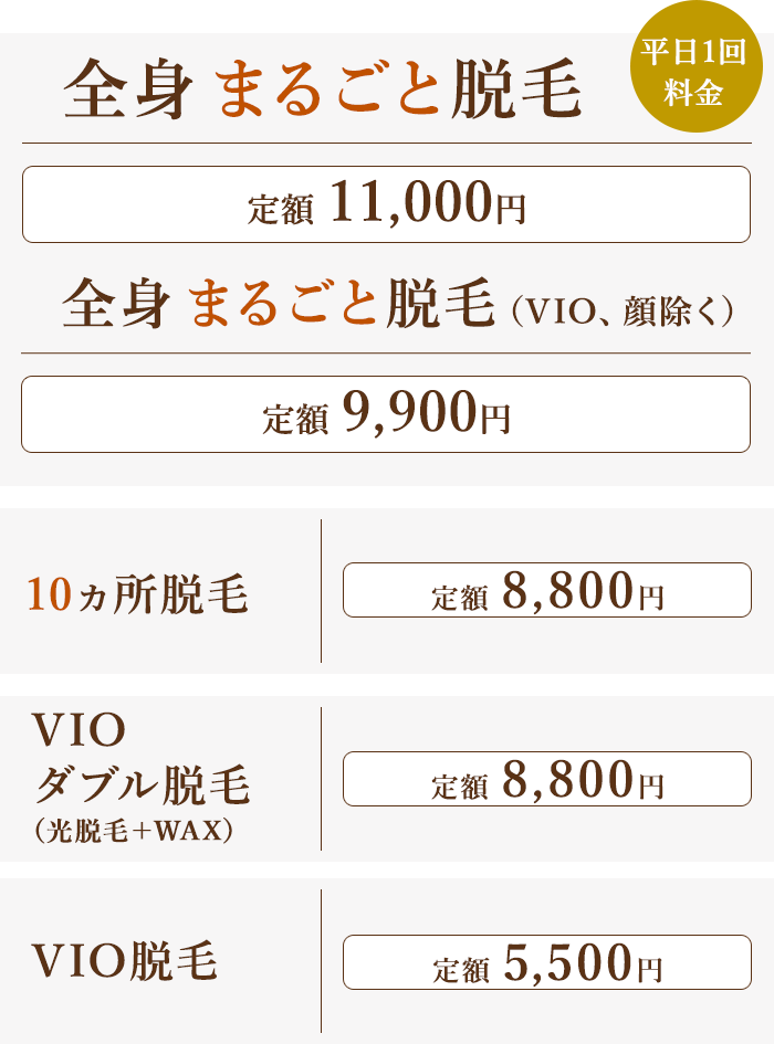 レディース光脱毛料金表(一般)